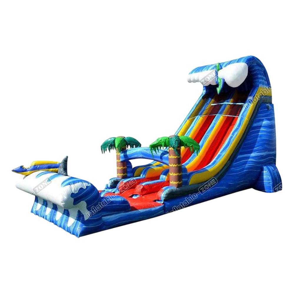 Shark Sighted Dual Lane Water Slide with Detachable Pool - Tropical Inflatable Moonwalk