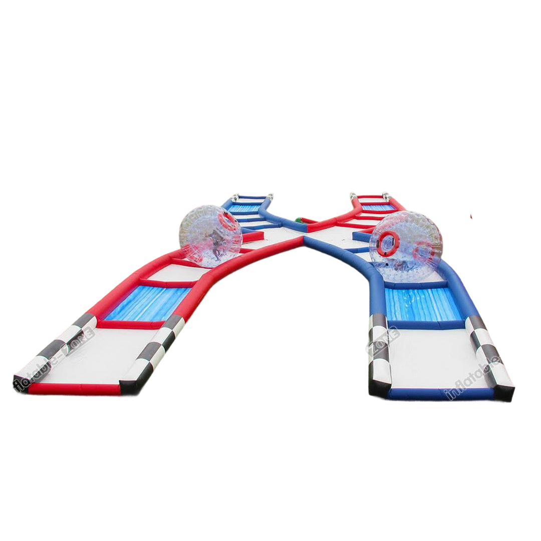 an inflatable water slide with a red, white and blue slide