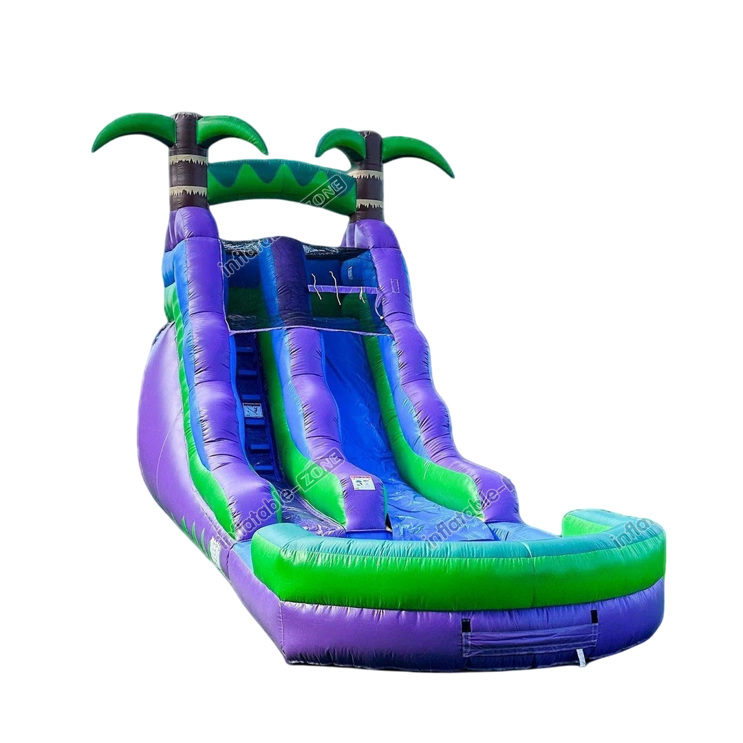 an inflatable water slide with two water guns sticking out of it