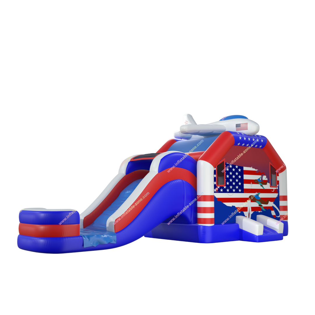 Airplane Bounce House Water Slide Combo - Inflatable American Flag Jumping Castle