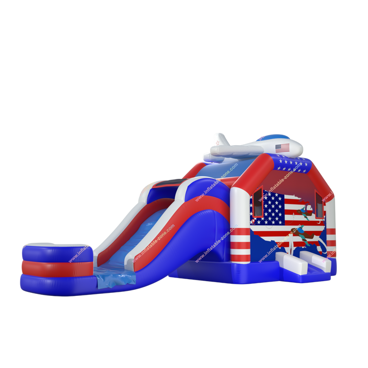 Airplane Bounce House Water Slide Combo - Inflatable American Flag Jumping Castle