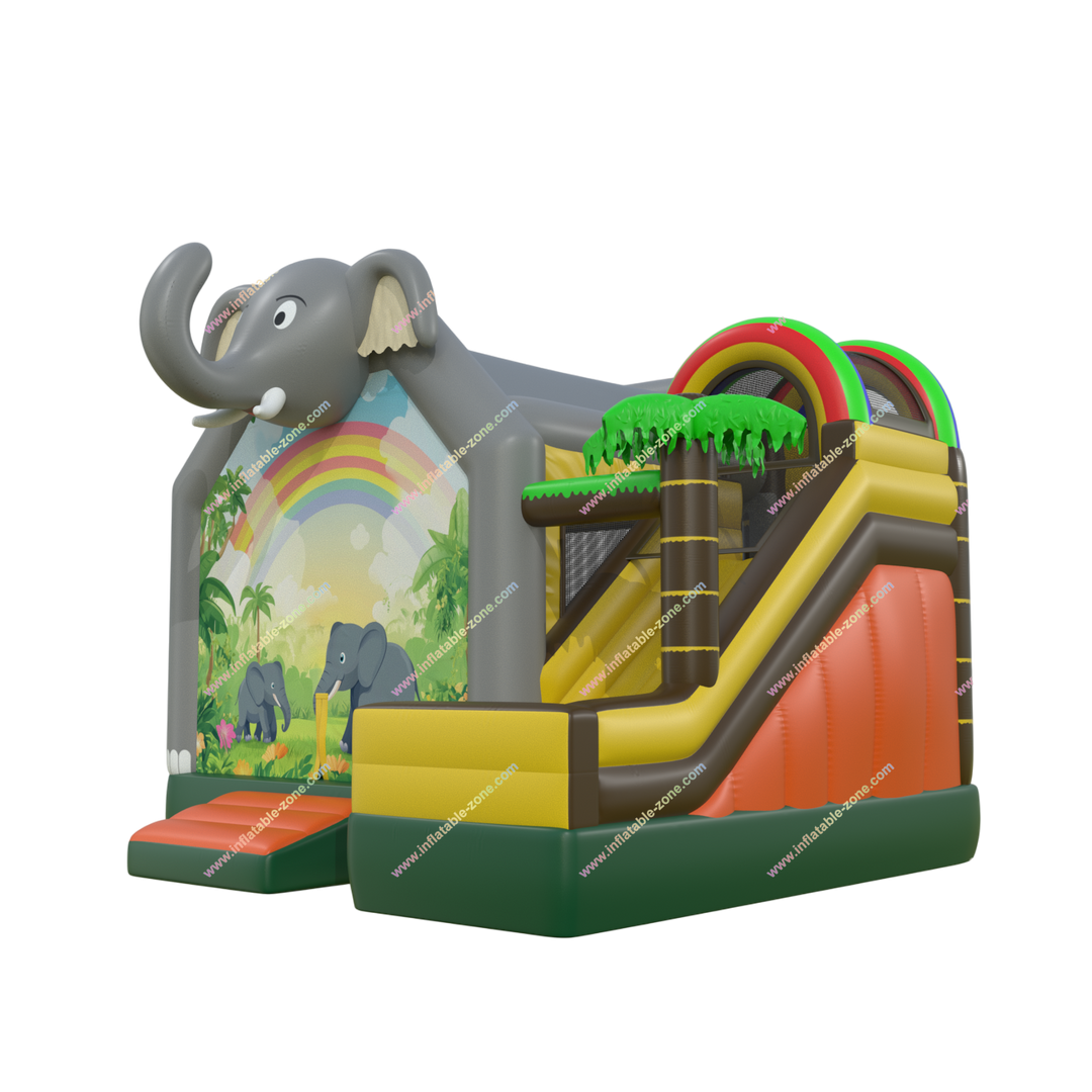 Jungle Theme Inflatable Elephant Bounce House with Slide - Rainbow Combo for Parties