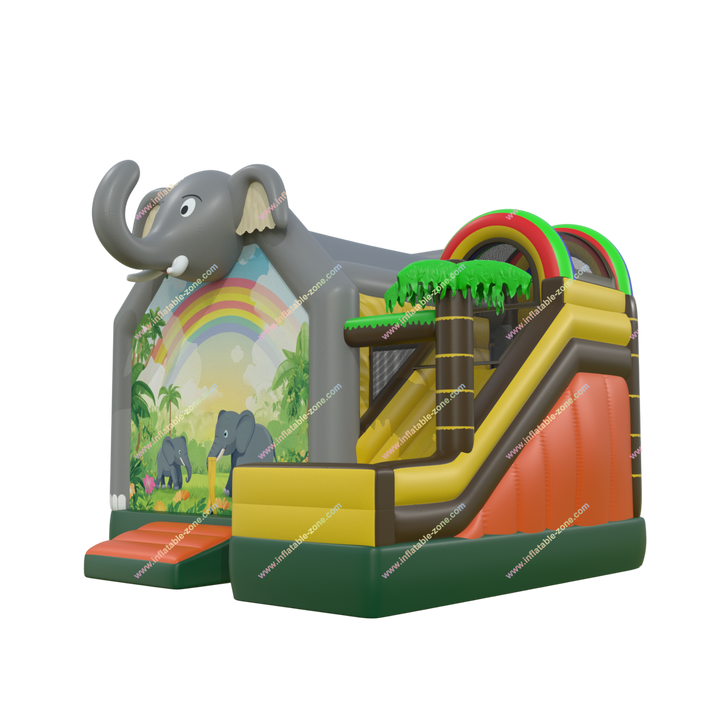 Jungle Theme Inflatable Elephant Bounce House with Slide - Rainbow Combo for Parties