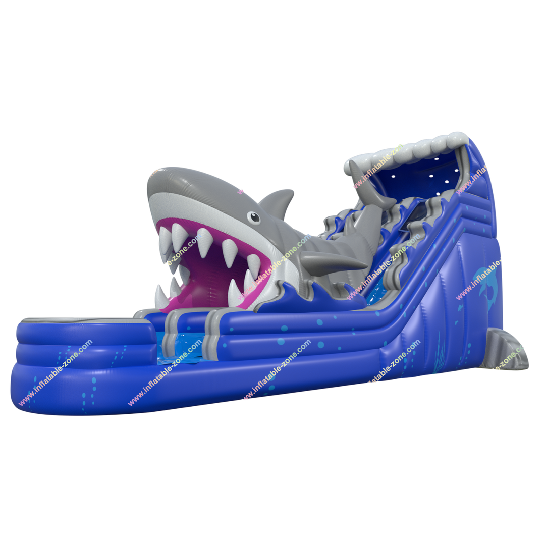 Double Lane Shark Attack Inflatable Water Slide with Pool - Large Outdoor Bouncy Waterslide