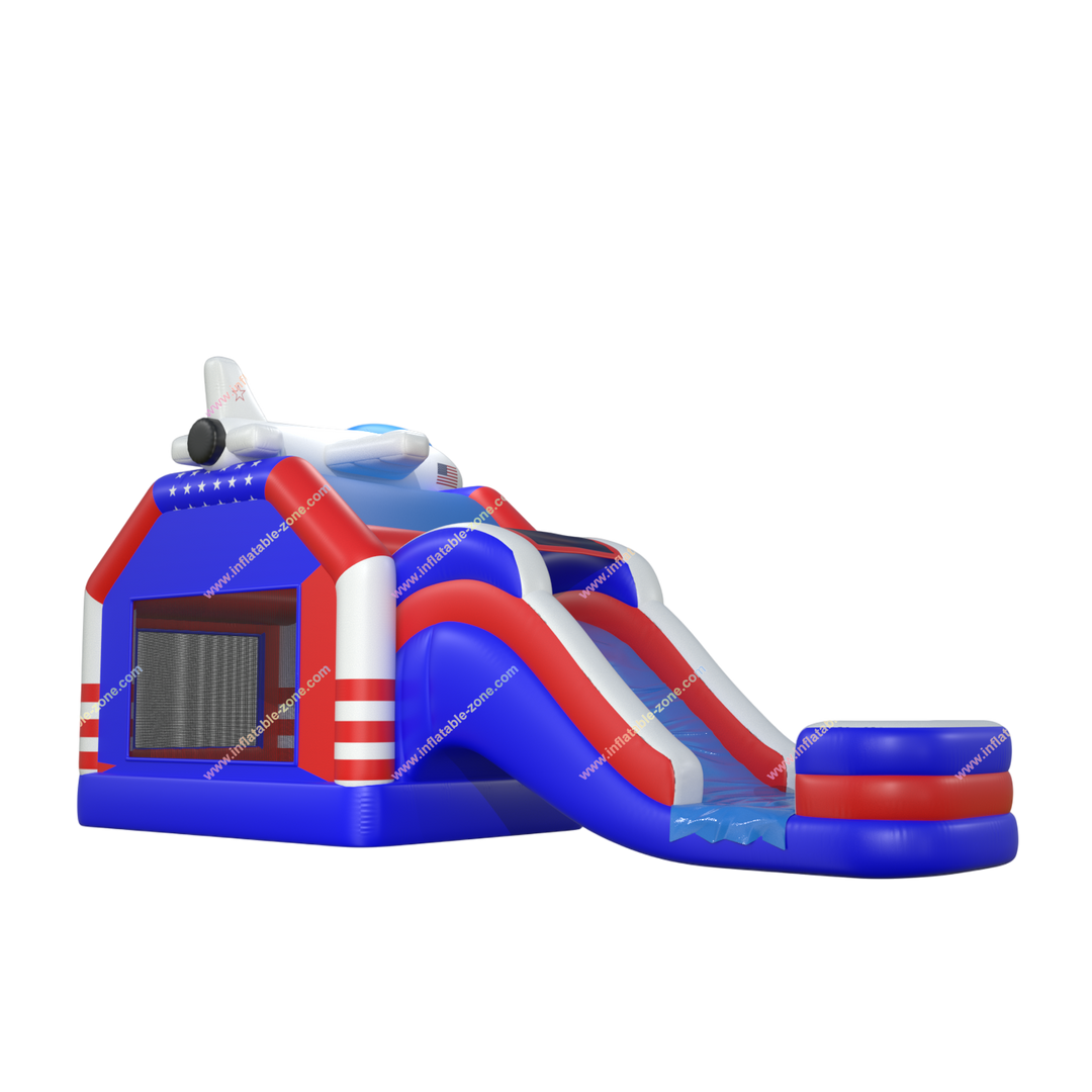 Airplane Bounce House Water Slide Combo - Inflatable American Flag Jumping Castle