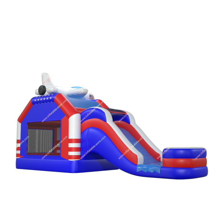 Airplane Bounce House Water Slide Combo - Inflatable American Flag Jumping Castle