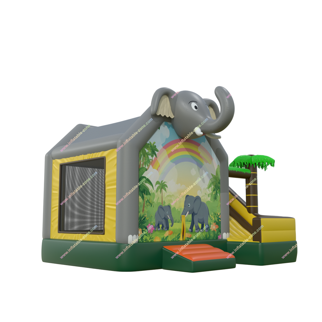 Jungle Theme Inflatable Elephant Bounce House with Slide - Rainbow Combo for Parties