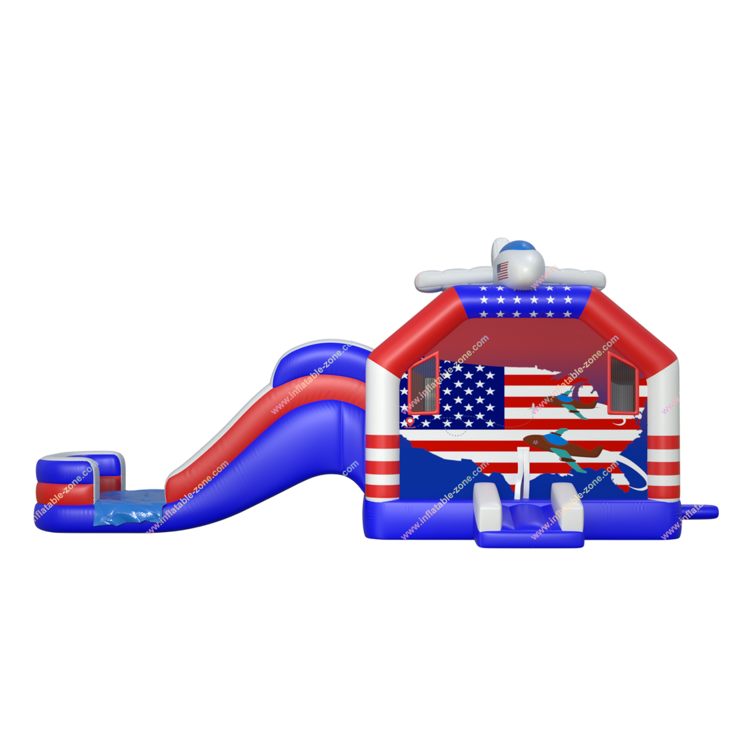 Airplane Bounce House Water Slide Combo - Inflatable American Flag Jumping Castle