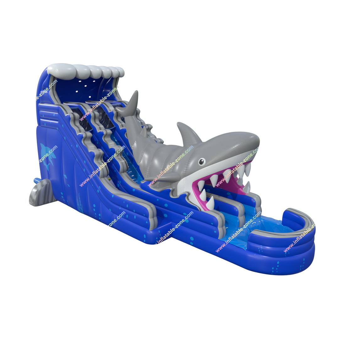 Double Lane Shark Attack Inflatable Water Slide with Pool - Large Outdoor Bouncy Waterslide