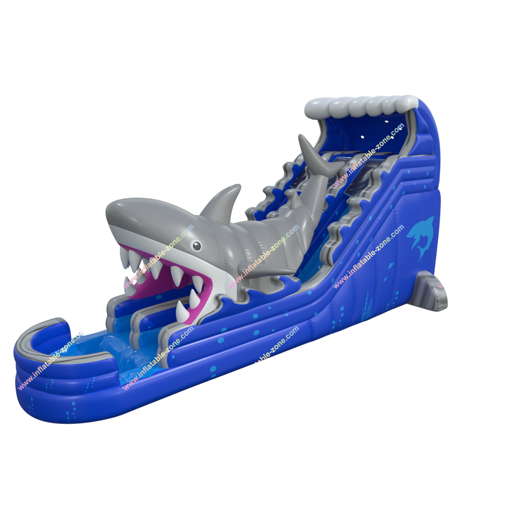 Double Lane Shark Attack Inflatable Water Slide with Pool - Large Outdoor Bouncy Waterslide