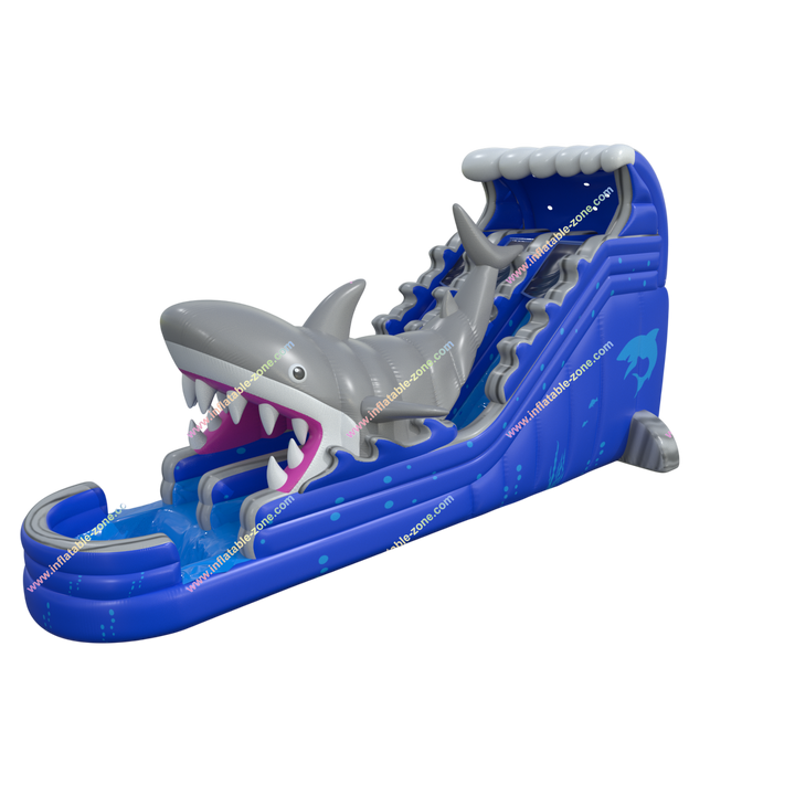 Double Lane Shark Attack Inflatable Water Slide with Pool - Large Outdoor Bouncy Waterslide