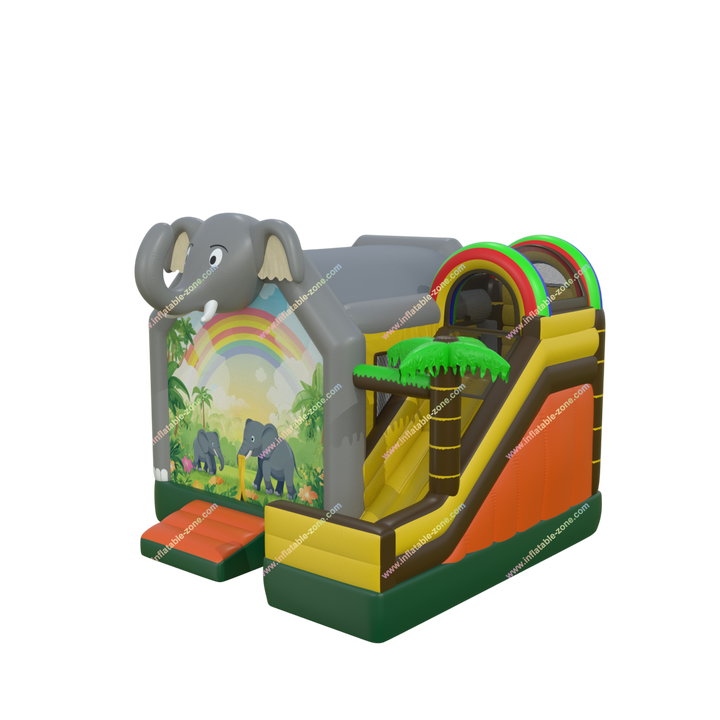 Jungle Theme Inflatable Elephant Bounce House with Slide - Rainbow Combo for Parties