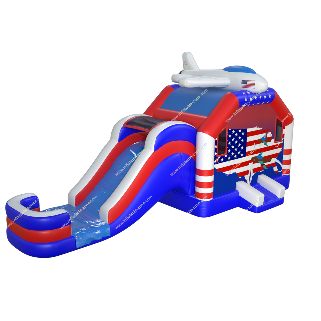 Airplane Bounce House Water Slide Combo - Inflatable American Flag Jumping Castle