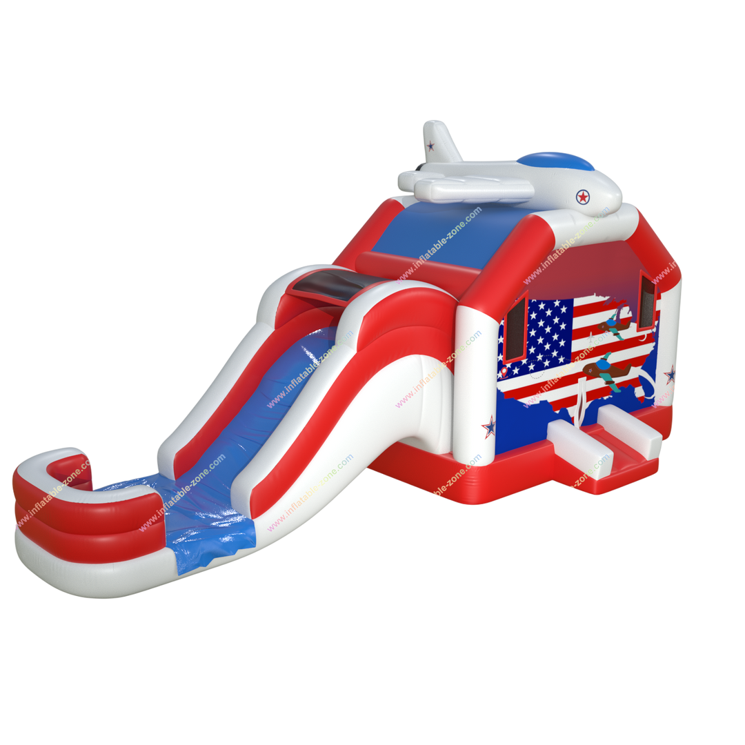 Airplane Inflatable Bouncy Castle  Water Slide Combo - Stars  Stripes Bounce House